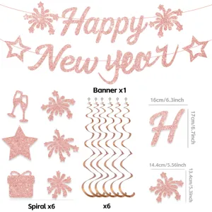 Rose gold glitter Happy New Year party banner hanging swirl decorations set for celebration