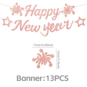 Glitter pink New Year banner detail showing sparkling letters and festive firework decor pieces.