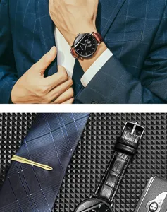 Men's stylish business quartz watch featuring a classic round dial and leather strap.