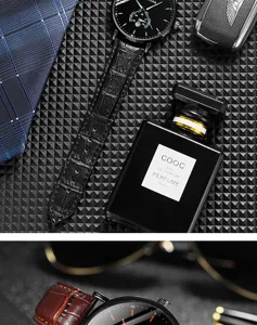 Stylish men's quartz watch featuring a sleek black dial and leather strap for business.