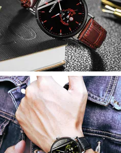 Detailed view of men quartz watch with leather strap and calendar display for business style.