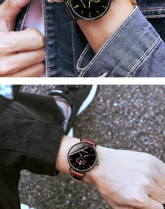Men quartz watch detail shot, black dial and brown leather strap, stylish business accessory.