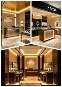 Dettaglio dell'interno di un negozio di orologi di lusso con eleganti espositori e luci.