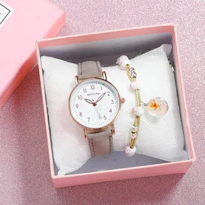 Elegant women watch and bracelet set with gray leather strap and cute heart dial design.