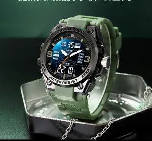 Detailed close-up view of the tactical sports watch featuring dual display and resin strap.