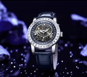 Galaxy earth concept quartz watch for men with star dial, diamond bezel and blue leather strap.
