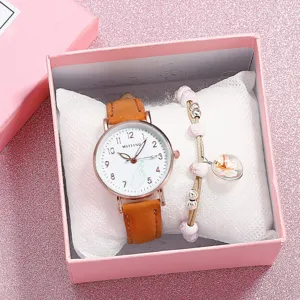 Ins style women quartz watch and beaded bracelet gift set with brown leather strap dial.