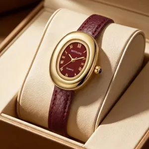 Französische Retro Ovale Quarzuhr Damen Elegantes Vintage Lederarmband Goldgehäuse Armbanduhr Mode Casual Dress Watch