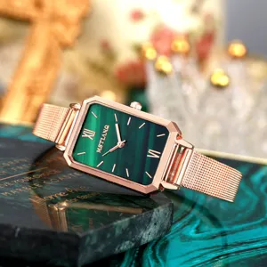Elegant green dial rectangular quartz watch detail view, premium rose gold mesh strap.