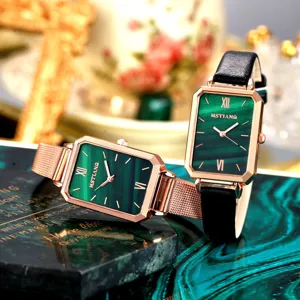 Elegant rectangular green dial women watch with rose gold case, stylish leather and mesh straps.