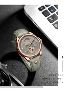 Gedetailleerd overzicht van automatisch mechanisch herenhorloge met grijs lederen band.
