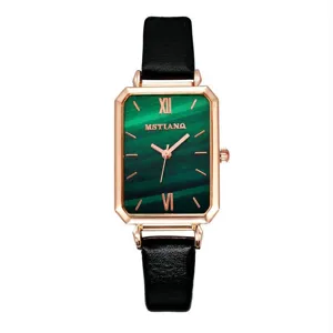 Women green dial quartz watch luxury elegant square wristwatch with black leather strap.