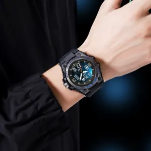 Multifunctional men's outdoor sports electronic watch with dual display and durable strap.