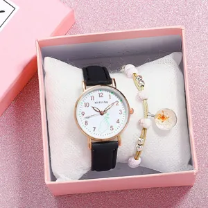 Women quartz watch set with black leather strap and matching beaded bracelet gift box.
