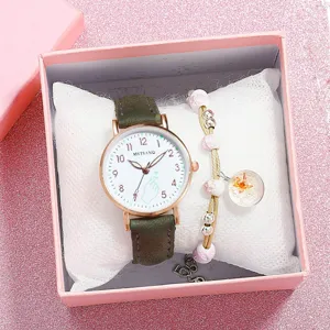 Stylish women quartz watch and cute charm bracelet gift set with green leather strap