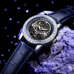 Men's Business Quartz Watch Starry Galaxy Dial Rhinestone Bezel PU Leather Strap Waterproof Fashion Wristwatch