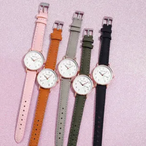 Women quartz watch set with colorful leather straps, cute finger heart dial design for students.