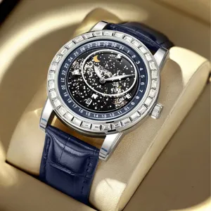 Luxury star dial men's quartz watch with diamond bezel and blue leather strap for business.