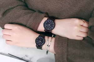 Minimalist black dial quartz couple watch with comfortable leather strap for daily wear