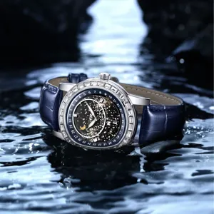 Elegant men starry sky quartz watch with blue leather strap and sparkling rhinestone bezel.