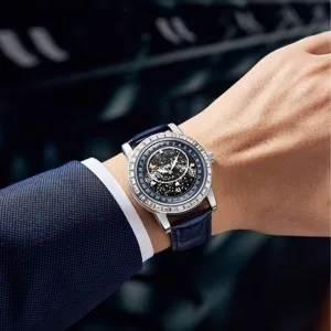 Men's star dial quartz watch with diamond bezel and blue leather strap luxury business style.