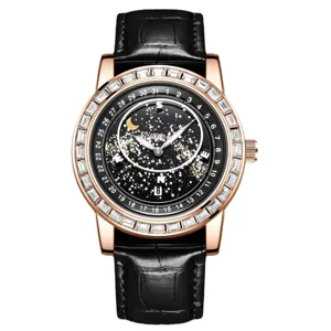 Men luxury celestial quartz watch with starry dial crystal bezel and black leather strap.