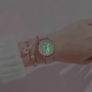Women Quartz Watch Cute Luminous Heart Gesture Dial Alloy Case PU Leather Strap Casual Fashion Wristwatch