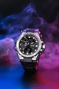 Men waterproof dual display sports watch with digital quartz movement and rugged resin strap.