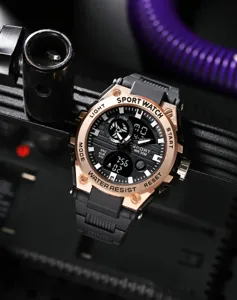 Detailed view of the multi-functional tactical sports watch with dual display and rose gold bezel.