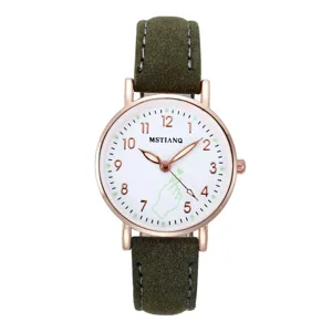 Green leather strap quartz watch with rose gold case and clean white dial for daily wear.