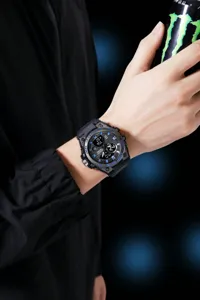 Men's sports digital watch with dual display, waterproof silicone strap casual timepiece.