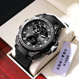 Rugged sports electronic watch for men and students, waterproof multi-functional design.