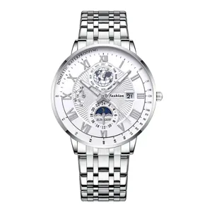 Men's casual stainless steel quartz watch with white Roman dial and calendar display.