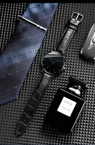 Men minimalist quartz watch with black leather strap and dial business detail display.