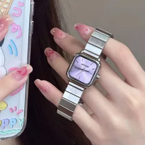 Women minimalist square quartz watch with purple dial and silver metal strap for daily wear.