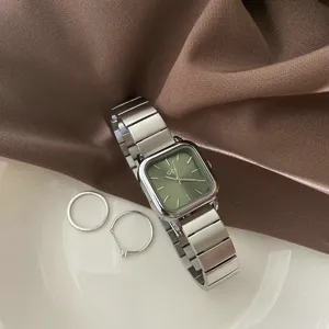 Minimalist square green dial women watch with metal strap retro fashion elegant style