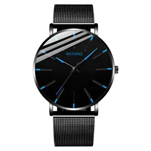 Men's minimalist ultra-thin quartz watch with black mesh strap and blue accents.