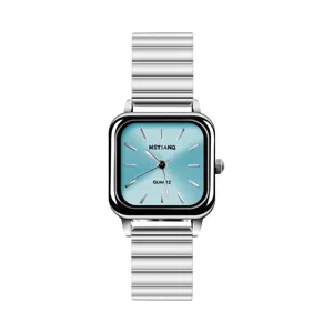 Minimalist square quartz watch for women with light blue dial and silver metal strap.