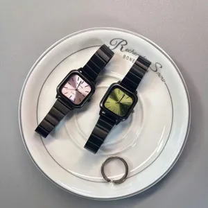 Minimalist square quartz watch for women with black stainless steel strap and stylish dial