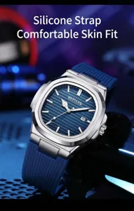 Herren Quarteuhr mit blauem Silikonarmband und stilvollem oktaedrischem Gehaeuse fuer Alltag.