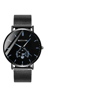 Men minimalist quartz watch with black dial and mesh steel strap waterproof casual wrist watch