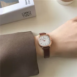 Orologio da polso donna al quarzo quadrato minimalista con cinturino in pelle marrone