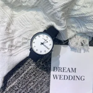 Minimalist quartz watch for students, white dial black strap, silent examination watch.