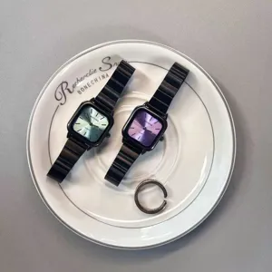 Elegant black square quartz watch for women with stylish steel strap main view.