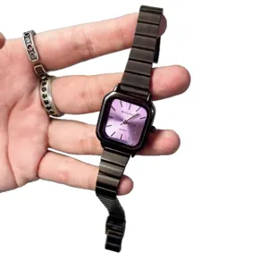 Black square quartz watch for women, vintage steel strap timepiece with purple dial.