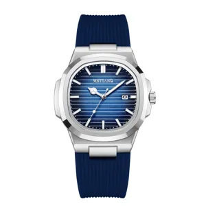 Herren Mode Quarzarmbanduhr mit blauem Silikonarmband und blauem Zifferblatt, Frontalansicht.