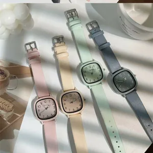 Korean style minimalist square quartz watch for women, stylish leather strap, four colors.