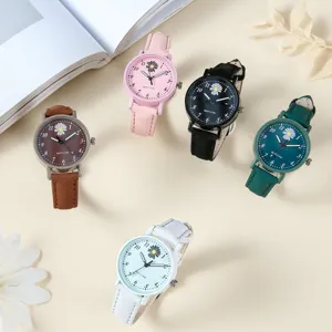 Damen Kleine Gänseblümchen Quarzuhr Buntes Lederarmband Süße Frische Studenten Armbanduhr