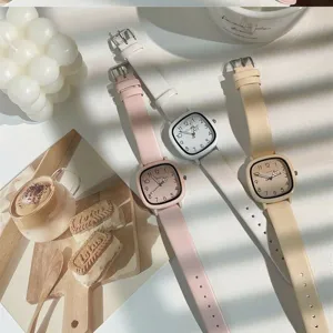 Minimalist square dial women watch ins style leather strap casual quartz wristwatch detail view