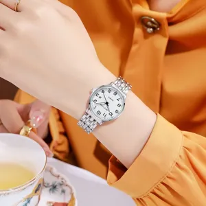 Elegant silver quartz watch with white dial and clear large arabic numerals for daily wear.